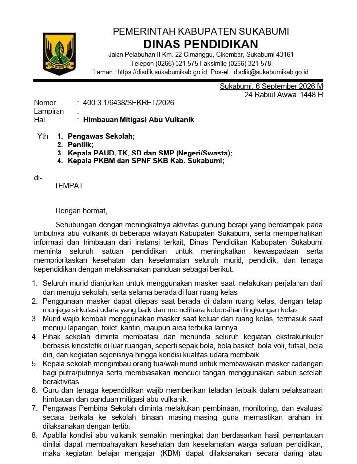 Aktivitas Gunung Berapi Meningkat, Disdik Kabupaten Sukabumi Keluarkan Imbauan Mitigasi Abu Vulkanik